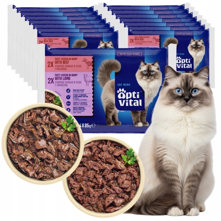 Krmivo Mokré Pro Kočky Sáčky S Jehněčím A Hovězím Masem MIX Optivital 60 X 85 G