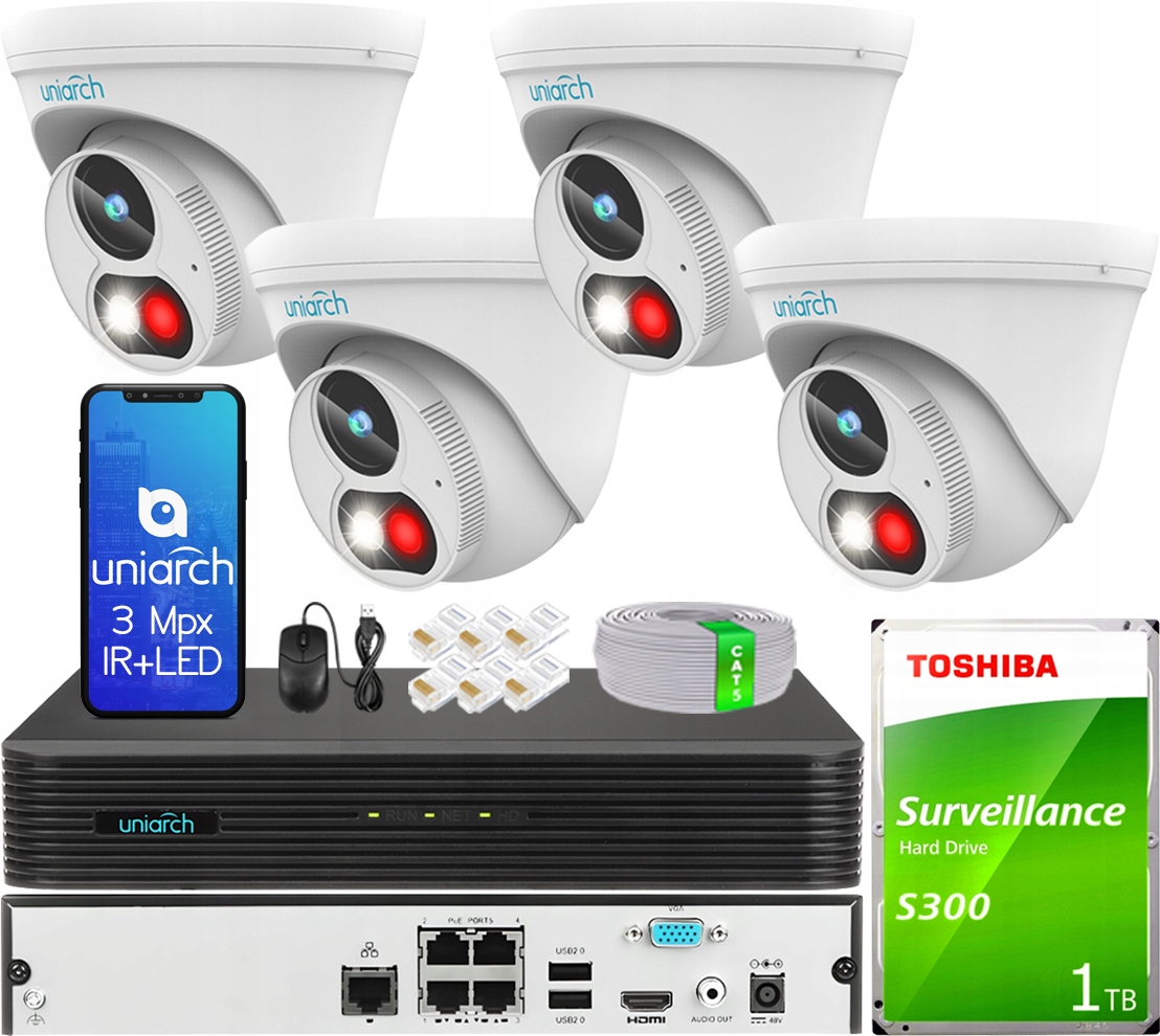 Monitoring IP Zestaw 4 Kamery 3Mpx Dual Light IR/LED PoE 4 Strefy Detekcji