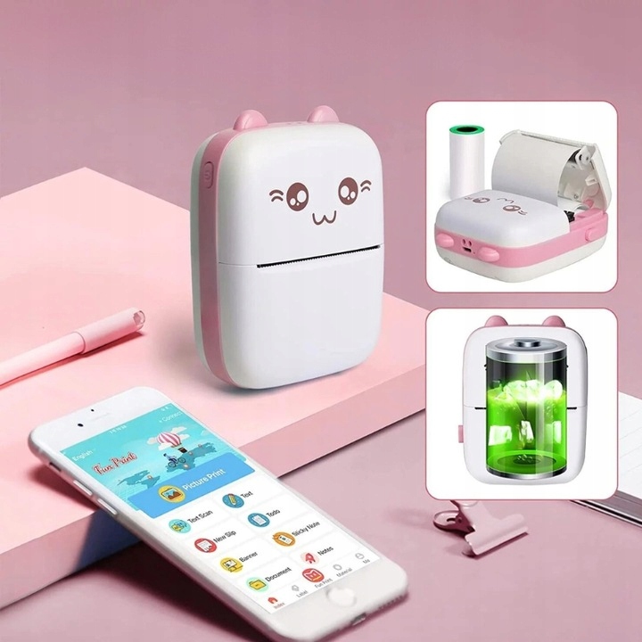 DRUKARKA TERMICZNA MINI DRUKUŚ KOTEK RÓŻOWY + 16 ROLEK Przeznaczenie do zdjęć