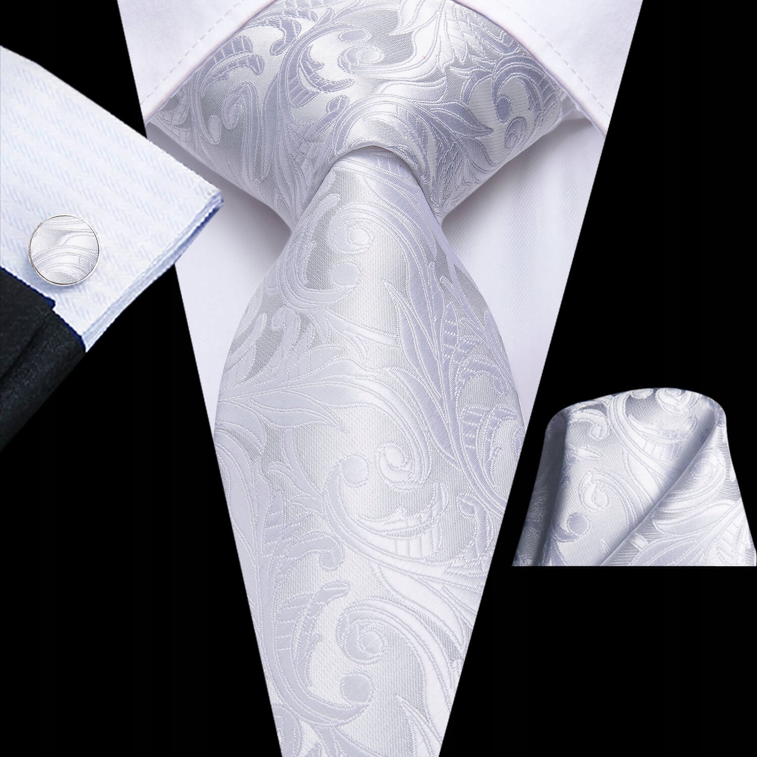 Hedvábný Žakárový set Kravata Sponky Kapesníček Bílý Svatební Rostlinný