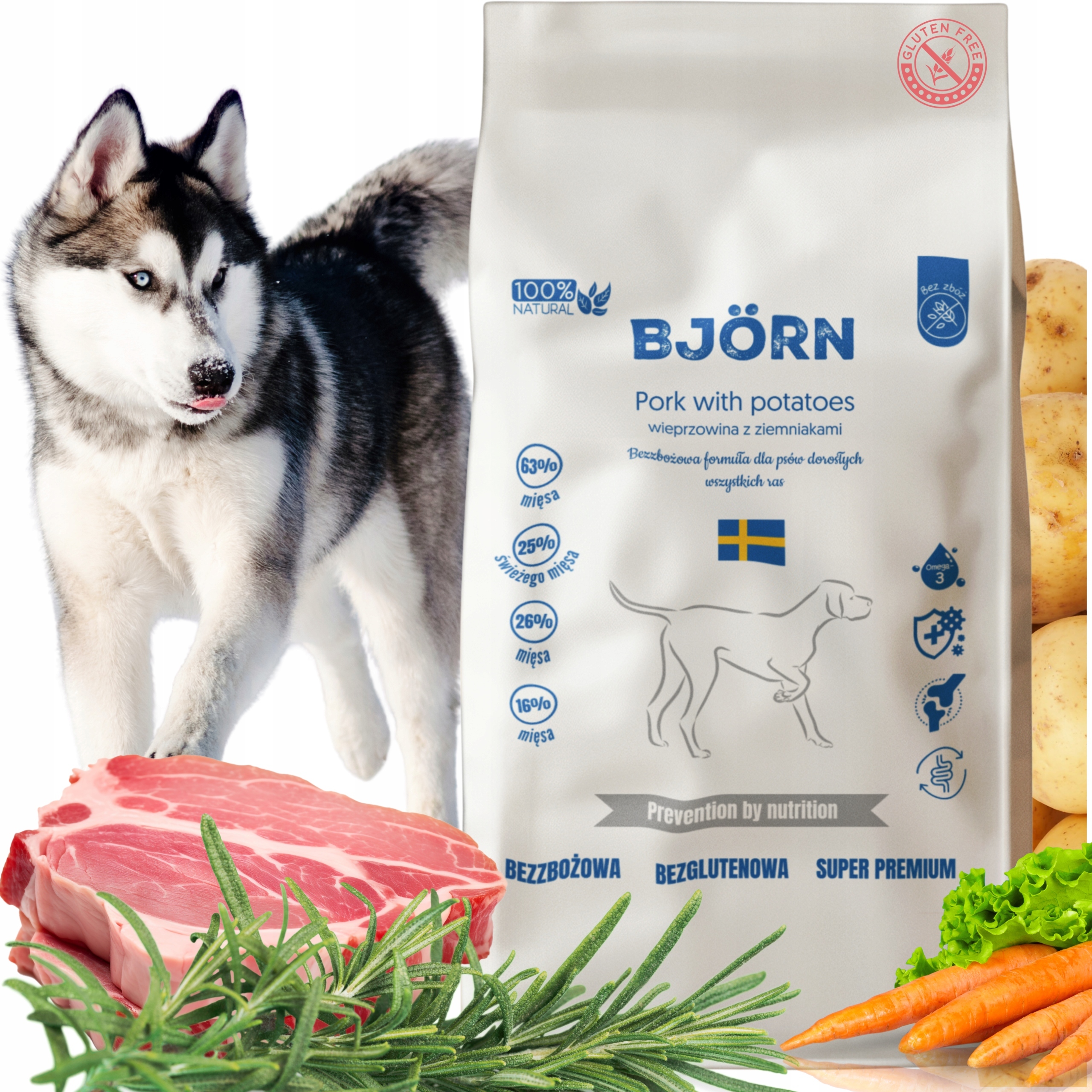 Levně Suché Krmivo Pro Psy Bez Obilovin Hypoalergenní S Vepřovým Masem Bjorn 63 % Masa