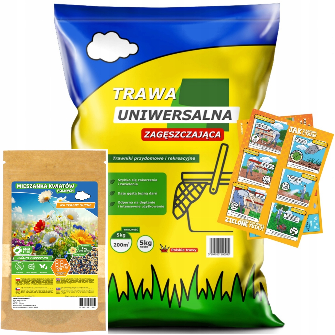TRAWA UNIWERSALNA NASIONA 5KG + ŁĄKA KWIETNA KWIATY ROŚLINY MIODODAJNE 100G