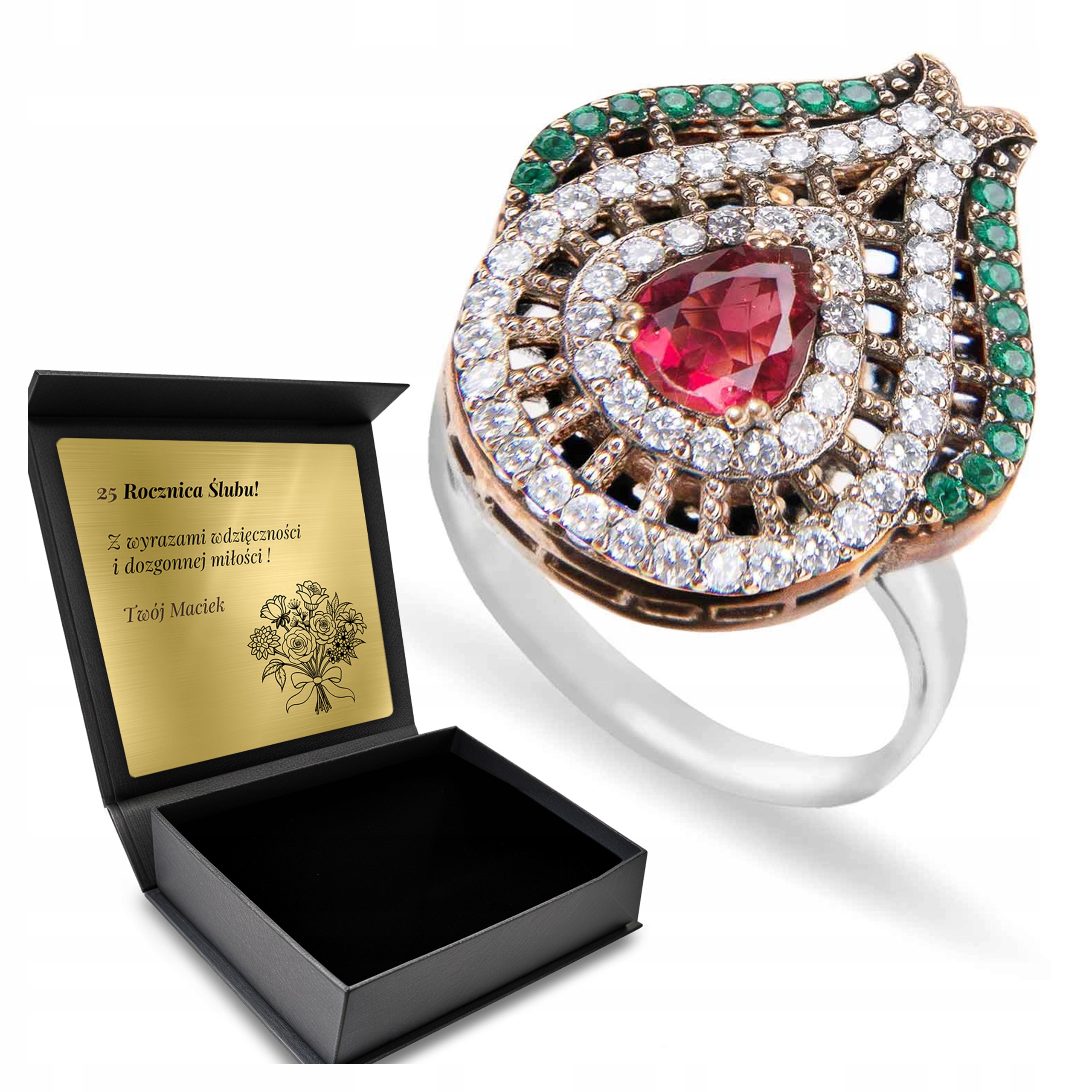 Prstýnek 925 Zirkony Rubín Smaragd Šperky Gravírování Bonus