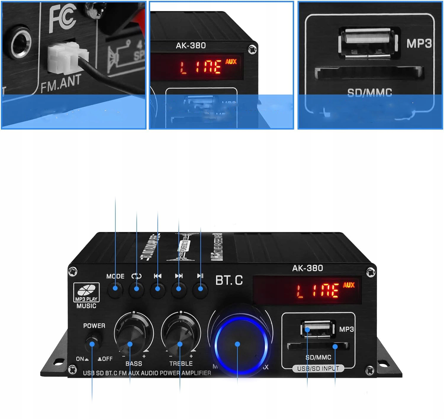 ODBIORNIK BLUETOOTH 5.0 AK380 12V HIFI WZMACNIACZ DO DOMU SAMOCHÓD Z PILOT Kolor czarny