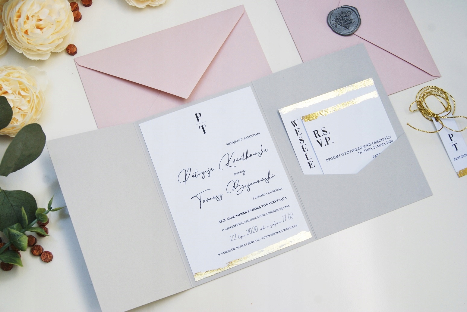 ZAPROSZENIA ŚLUBNE ZŁOCONE W FOLDERZE ELEGANCKIE Liczba sztuk 1 szt.