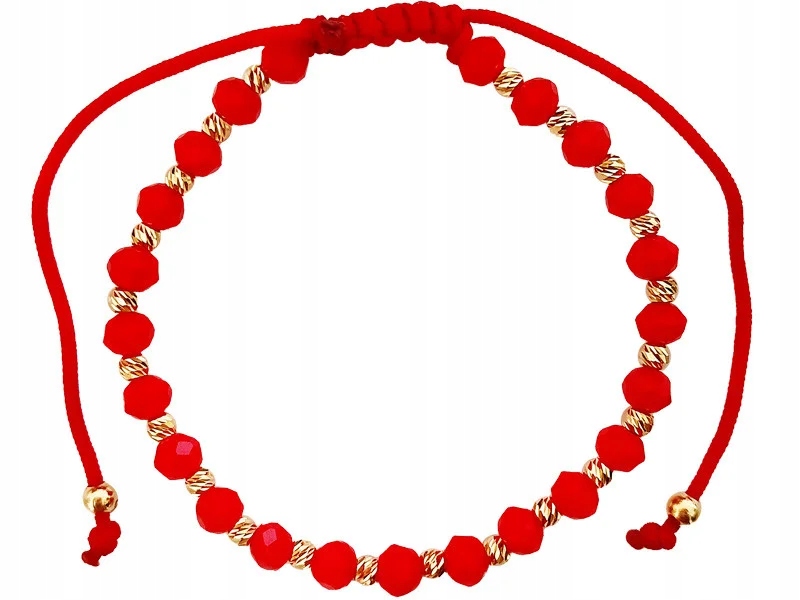 Zlatý náramek 585 na červeném provázku se zlatými kuličkami dárek