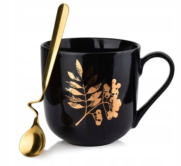 

Kubek Porcelanowy Ze Złotą Łyżeczką 550 ML Czarny
