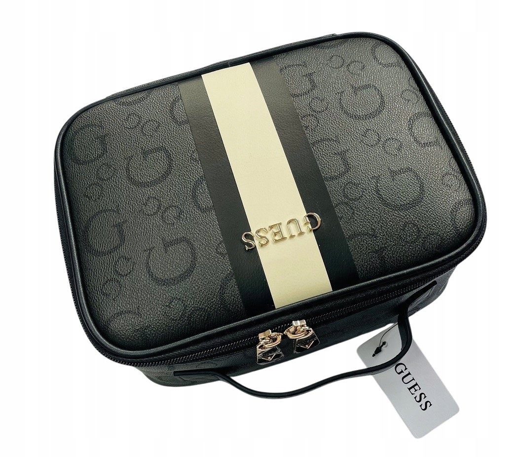Guess ciemno szara, duża kosmetyczka w monogram