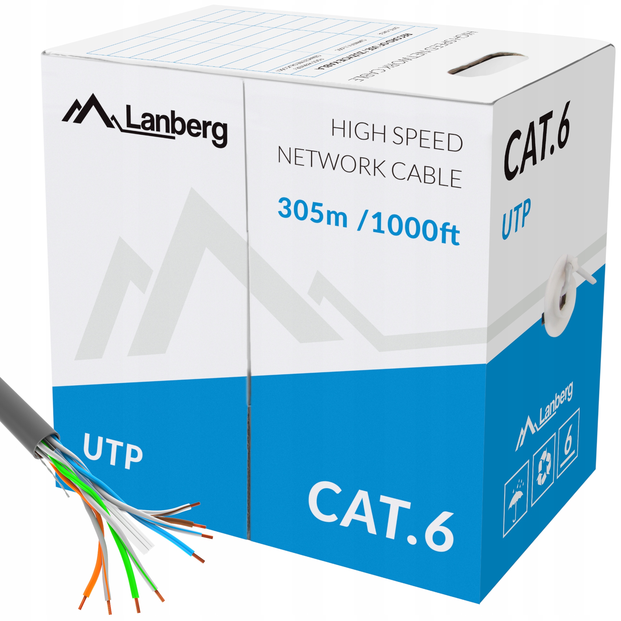 Kabel Lan Lanberg Utp 1Gb/s 305m Drut Cu kat. 6 Szary Fluke Cpr