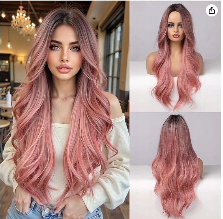 Paruka Haircube Syntetická vlnitá Ombre Růžová 60 cm