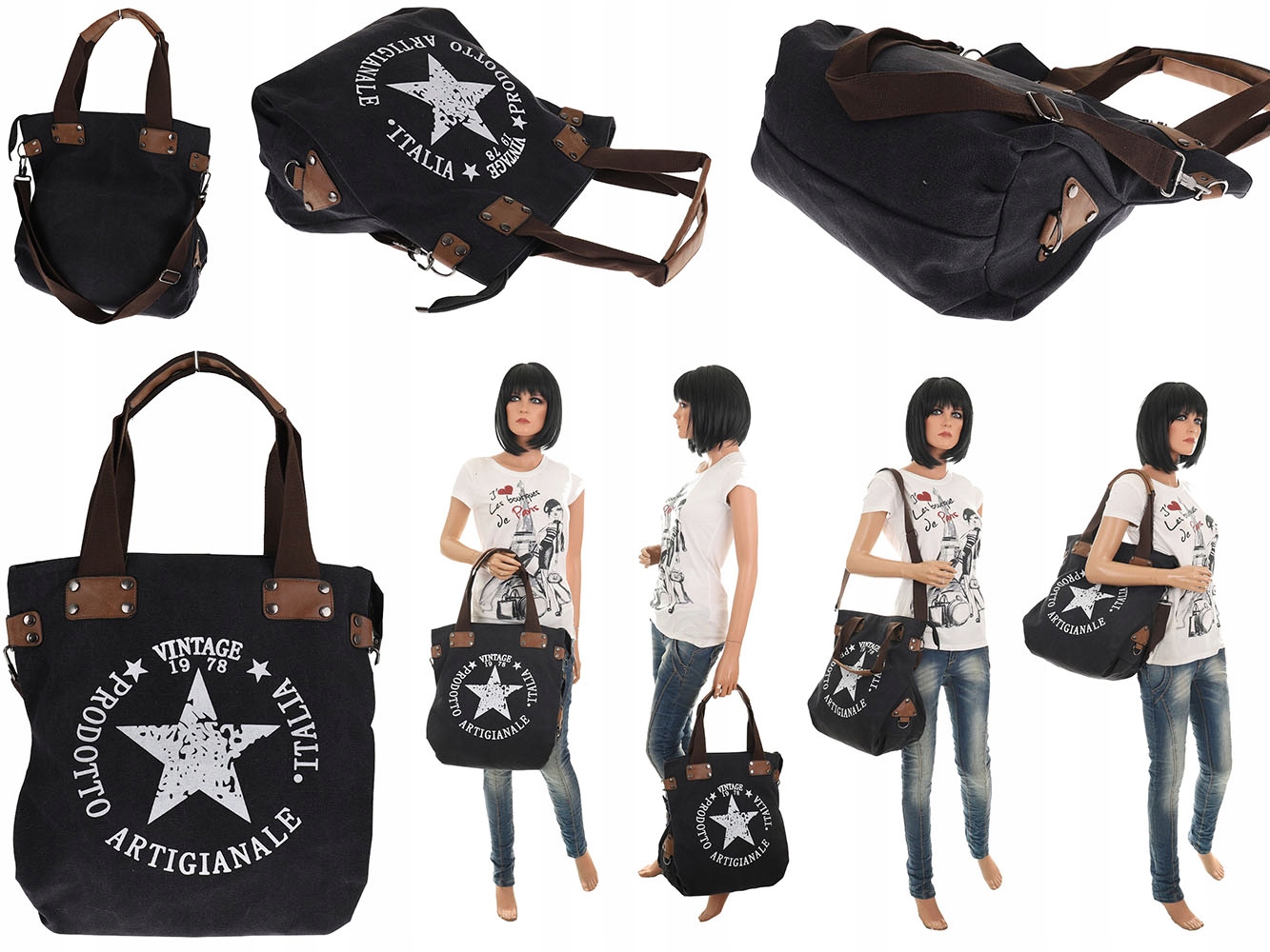 Torebka Damska worek shopper listonoszka v8071 Czarna Marka bez marki