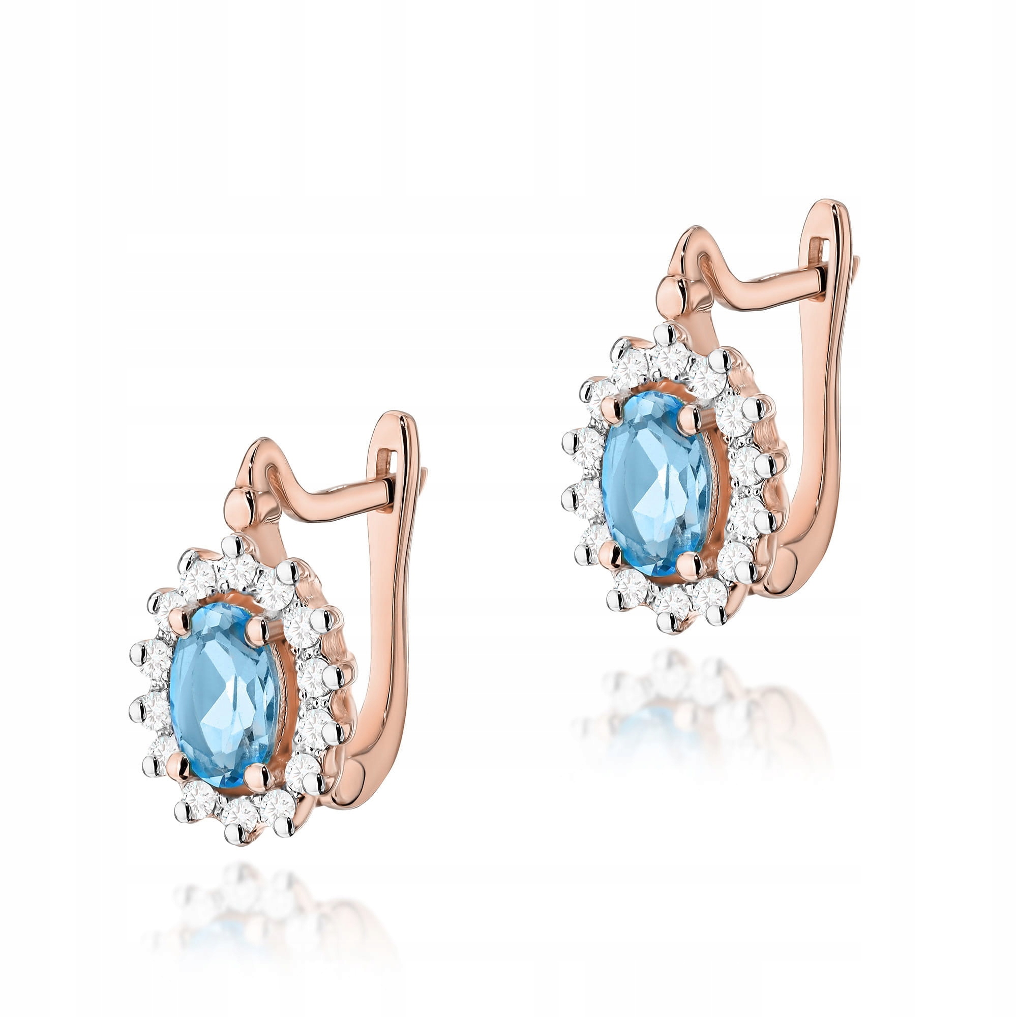 Náušnice z růžového zlata 585 modrý topaz Swiss přírodní briliant 2,9 g
