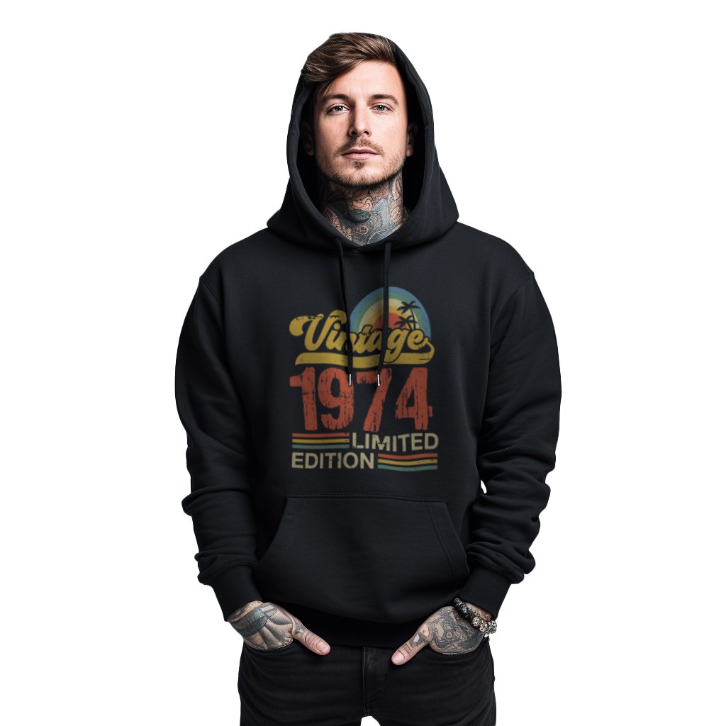 Mikina černá pánská s kapucí s potiskem dárek k narozeninám, rok výroby Vintage 1974