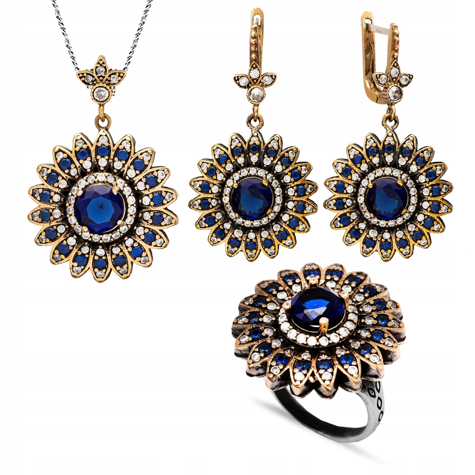 Sada Stříbrných Šperků S Safírem A Zirkony Květ Okvětních Lístků Gravírování