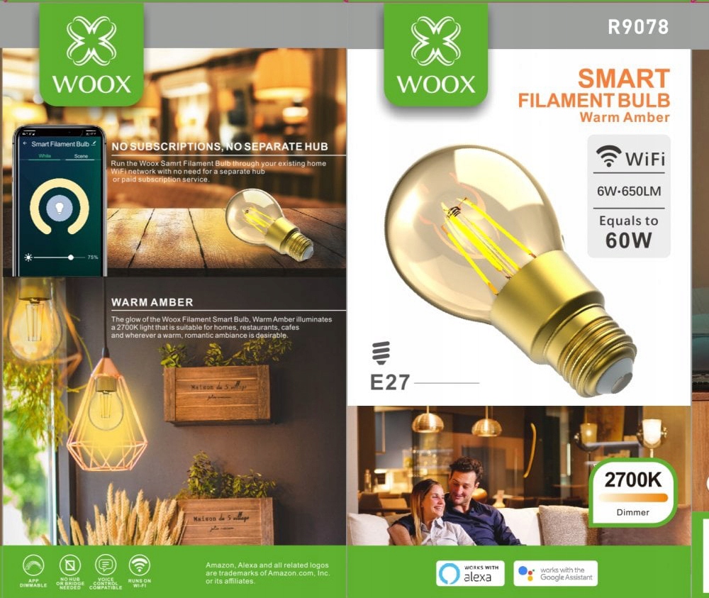 WOOX Żarówka E27 Filamentowa WiFi LED Tuya Jasność 650 lm