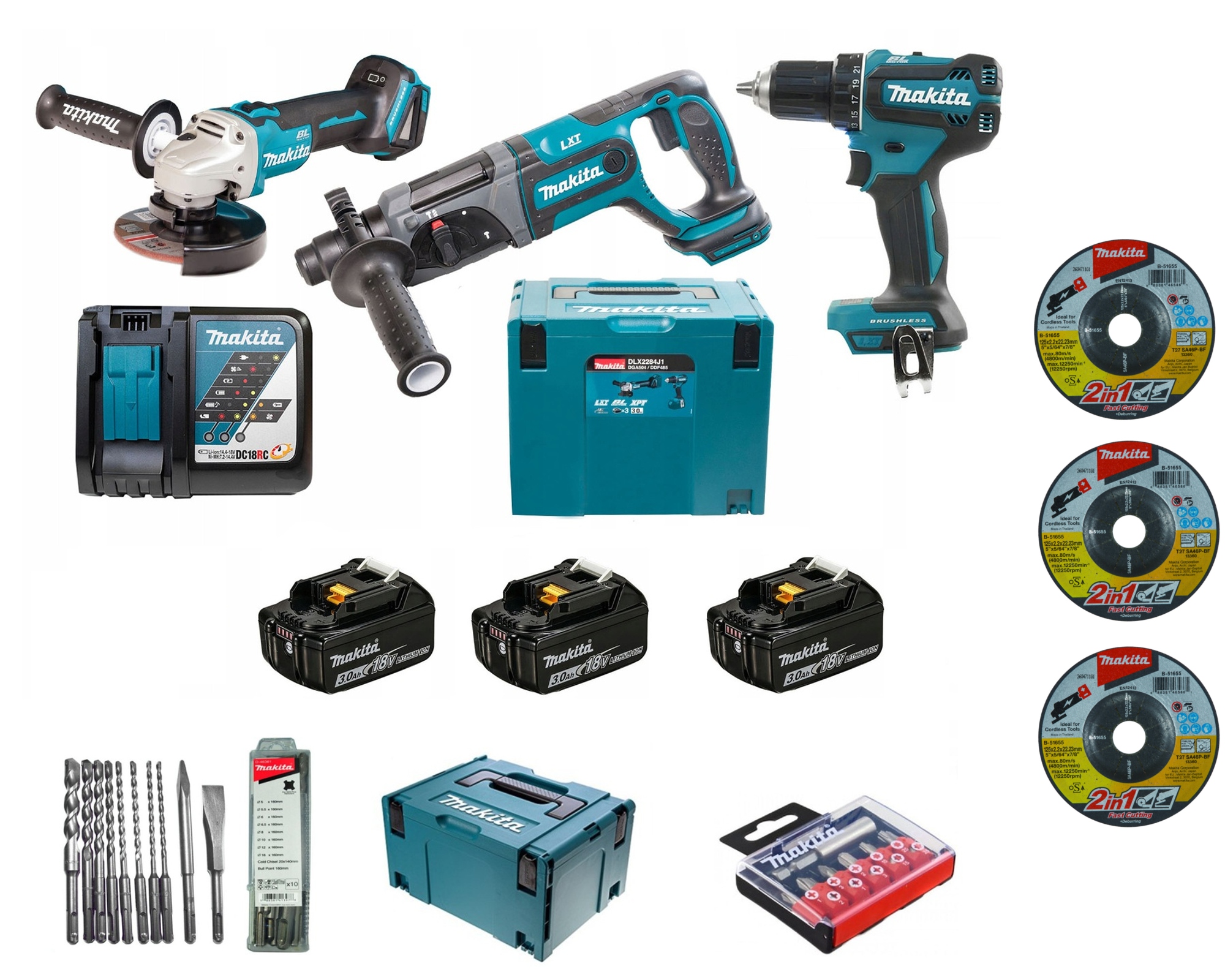 

Makita DLX2284J1 Zestaw DDF485 DGA504 DHR241 3xAKU