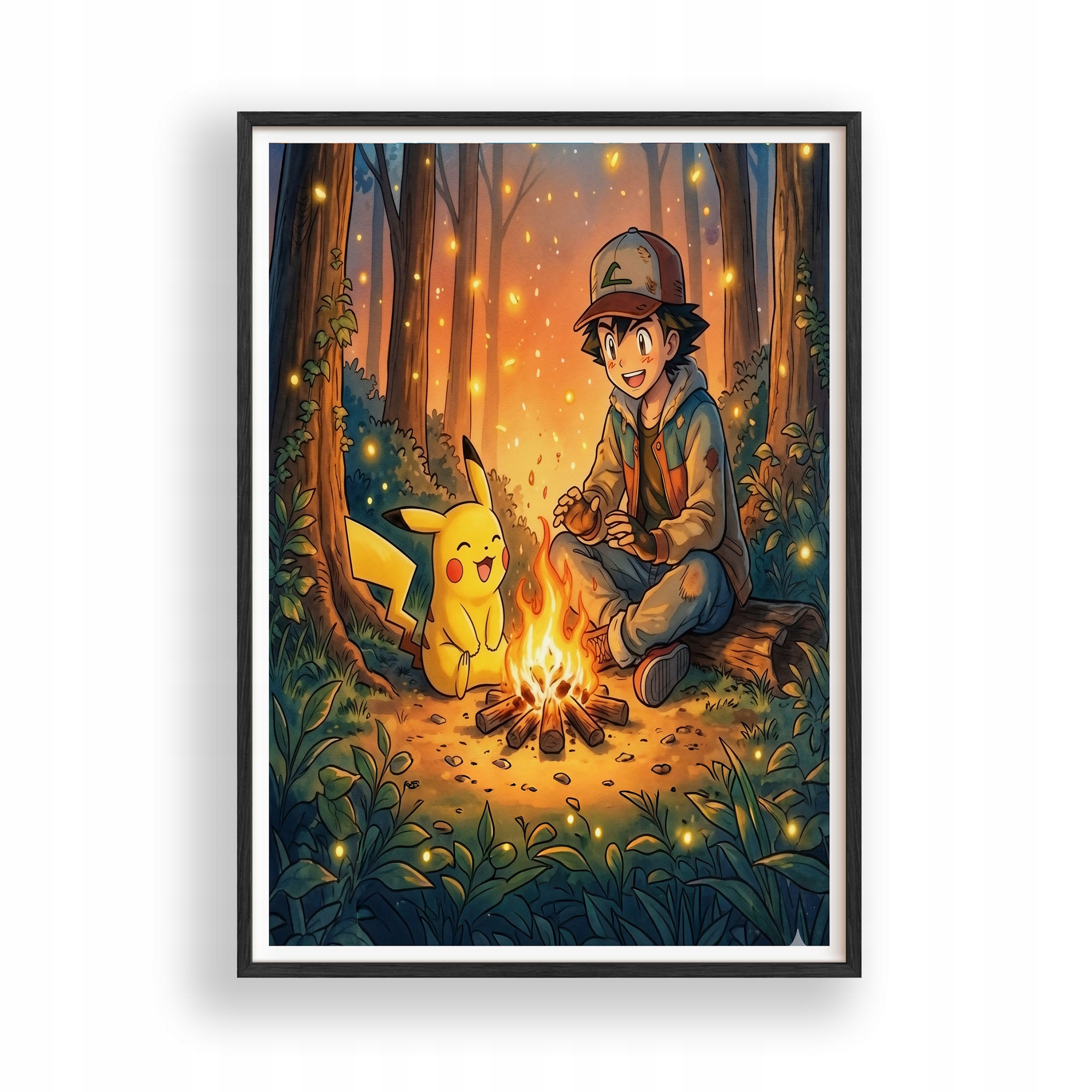Obraz Pokemon Ash Pikachu Ognisko Plakat Ramka Drewniana Czarna 30x42 cm
