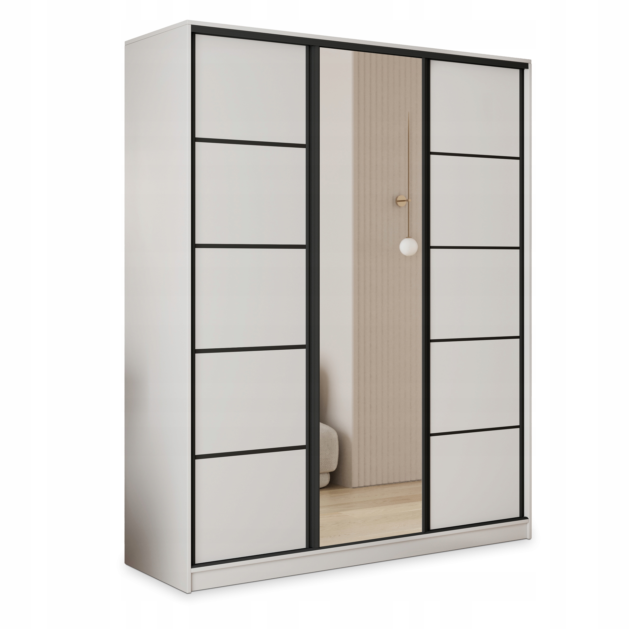 Skříň Posuvná Pina 150 cm se zrcadlem Zásuvky Třídveřová Bílá