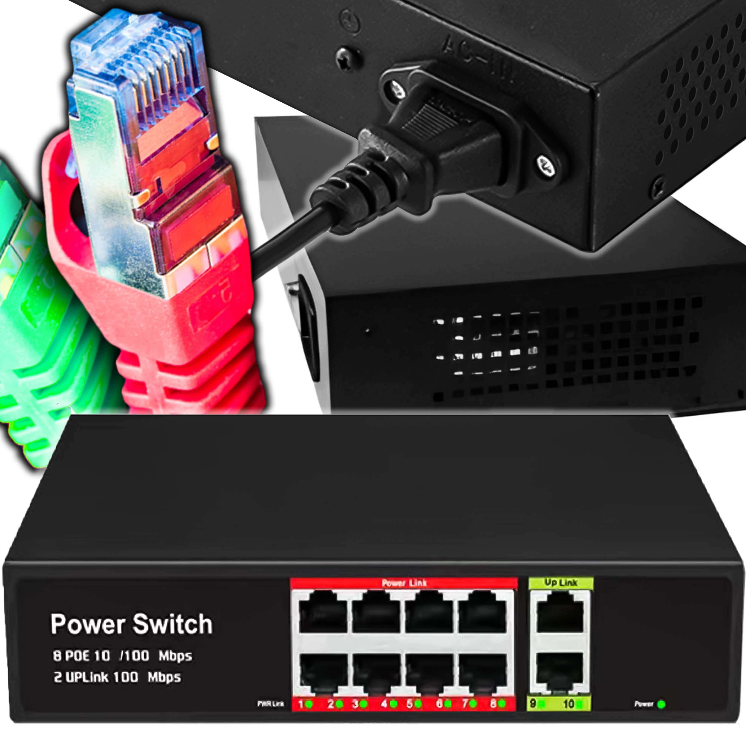 Switch Poe 10 Portowy 8x PoE 2x Uplink 120W Cctv Ip 10 100 Mb/s Extend