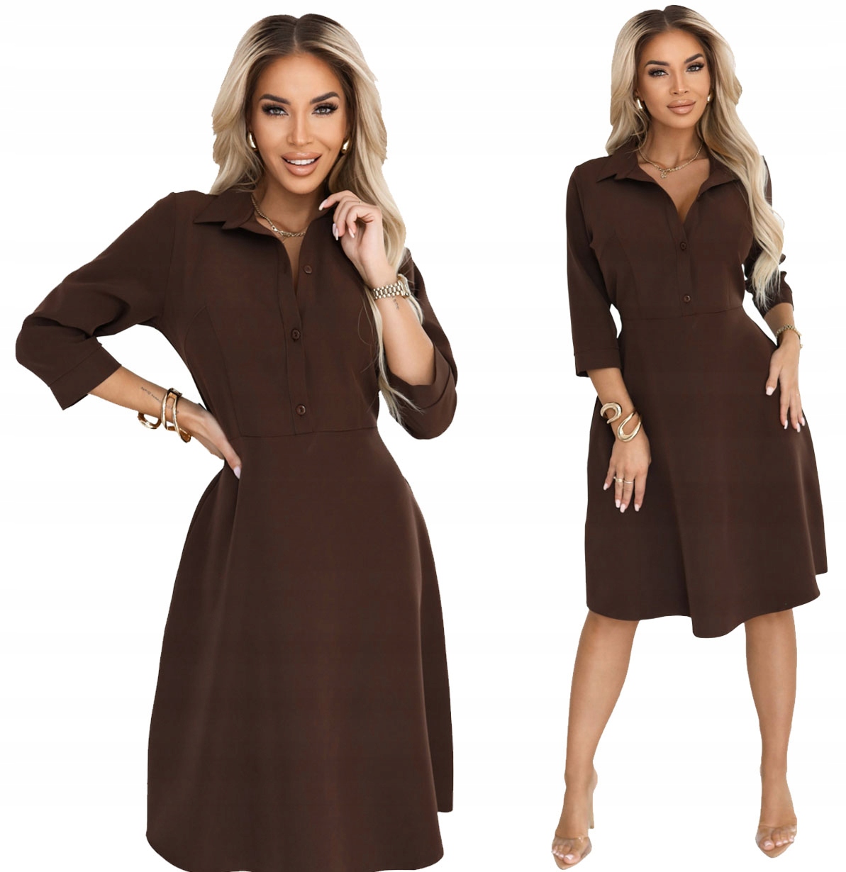 Každodenní Košilová Šaty S Límcem Knoflíky Se Zavazováním V Pase Hnědá L