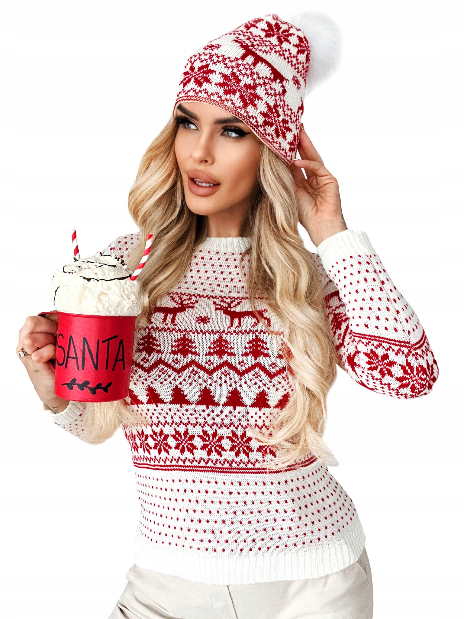 KOMPLET ŚWIĄTECZNY SWETER PODKOLANÓWKI CZAPKA BIAŁY ŚWIĘTA PREZENT + GRATIS Kolor biały