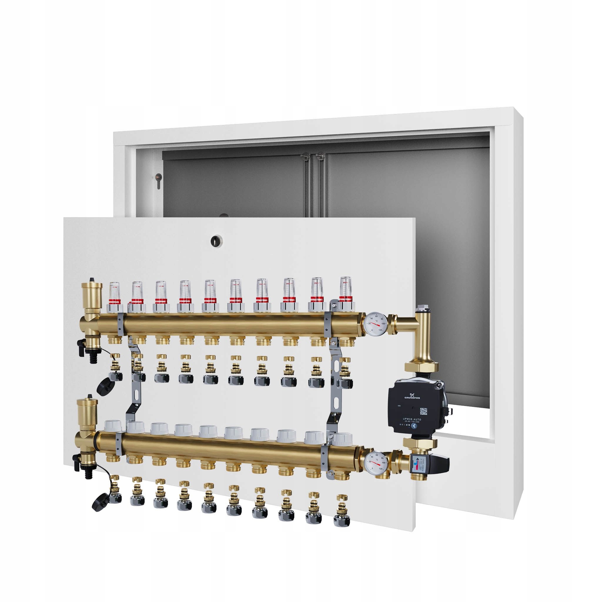 Rozdělovač pro podlahu 10 sekcí s čerpadlem GRUNDFOS+nástěnná skříňka+PEX