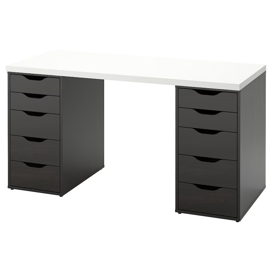 Biurko prostokątny Ikea 60 x 140 x 73 cm biały blat szafki ciemny brąz