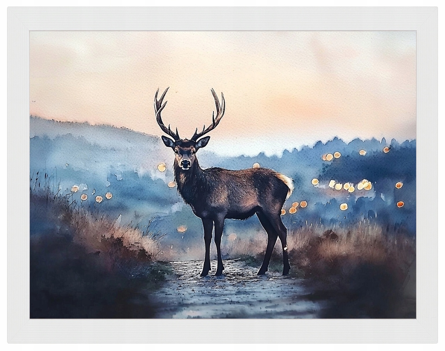 Plakát Rámeček Dřevo Akvarel Příroda Fauna Zvíře Jelen Večer 80x60