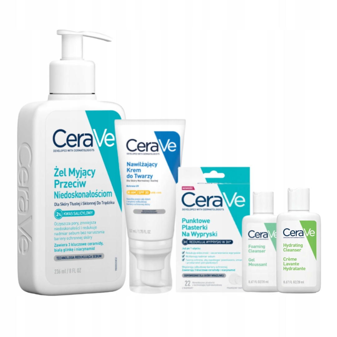CeraVe Plasterki na niedoskonałości, Żel myjący 236ml, Krem Spf 30