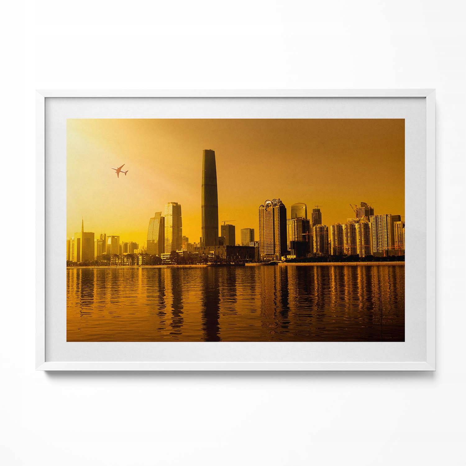 Dekorativní nástěnný obraz s rámem a loftovou grafikou Řeka Zhujiang Čína 100 x 70 cm
