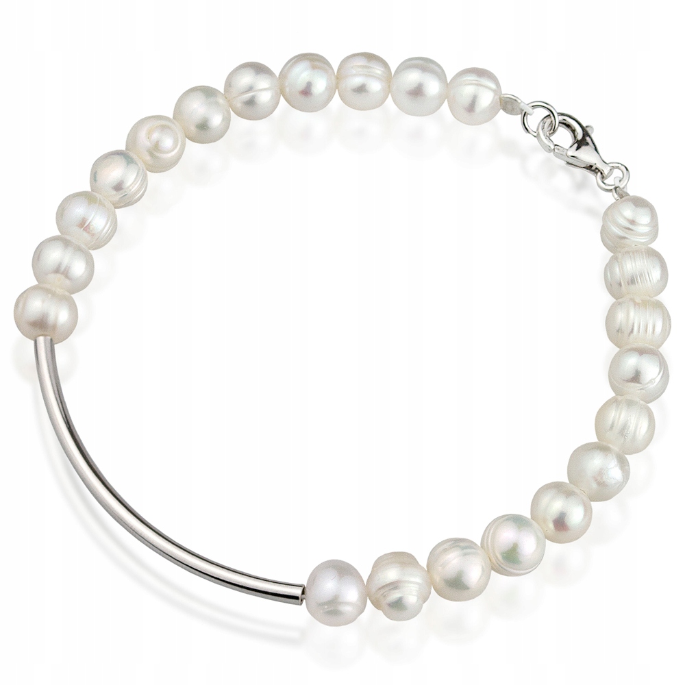 Stříbrný Náramek S Bílými Perlami A Stříbrnou Trubičkou