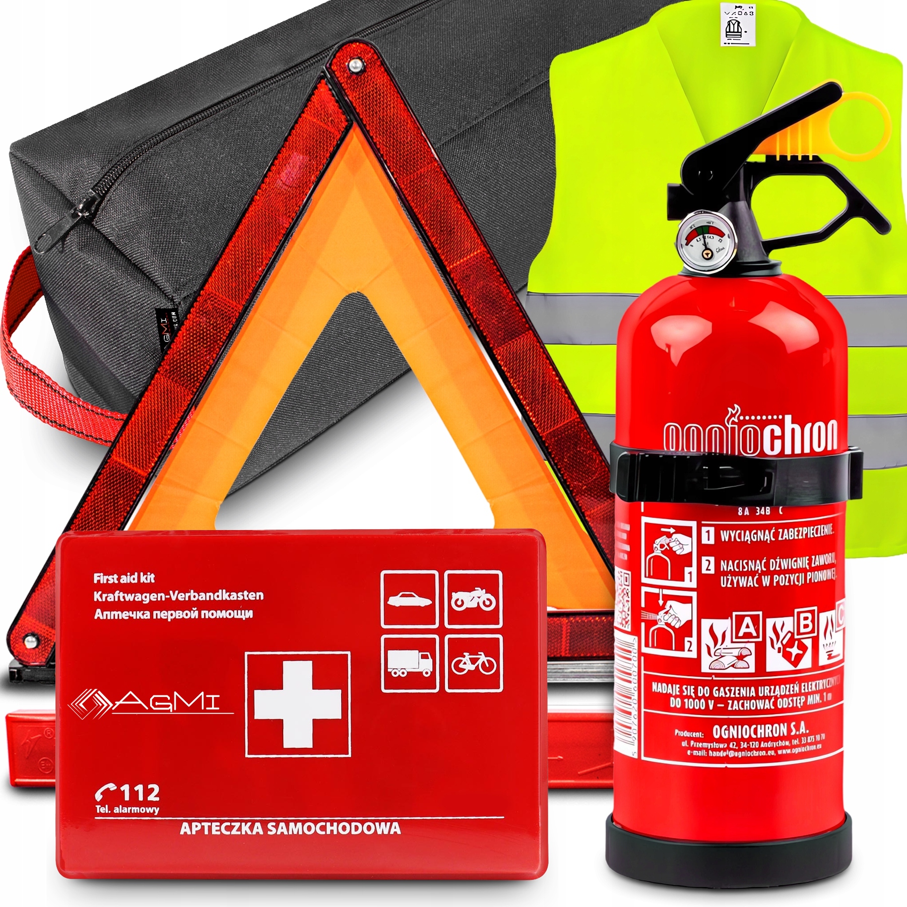 Hasicí Přístroj 1 kg s manometrem Lékárnička Vesta Trojúhelníkový výstražný vak
