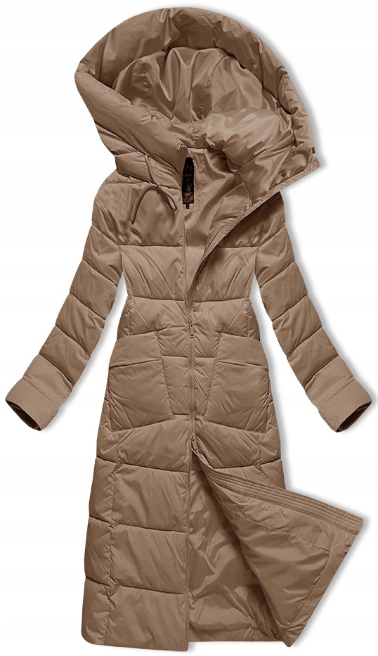 Prošívaná Dlouhá Bunda 7767 Tmavě Béžová M (38)