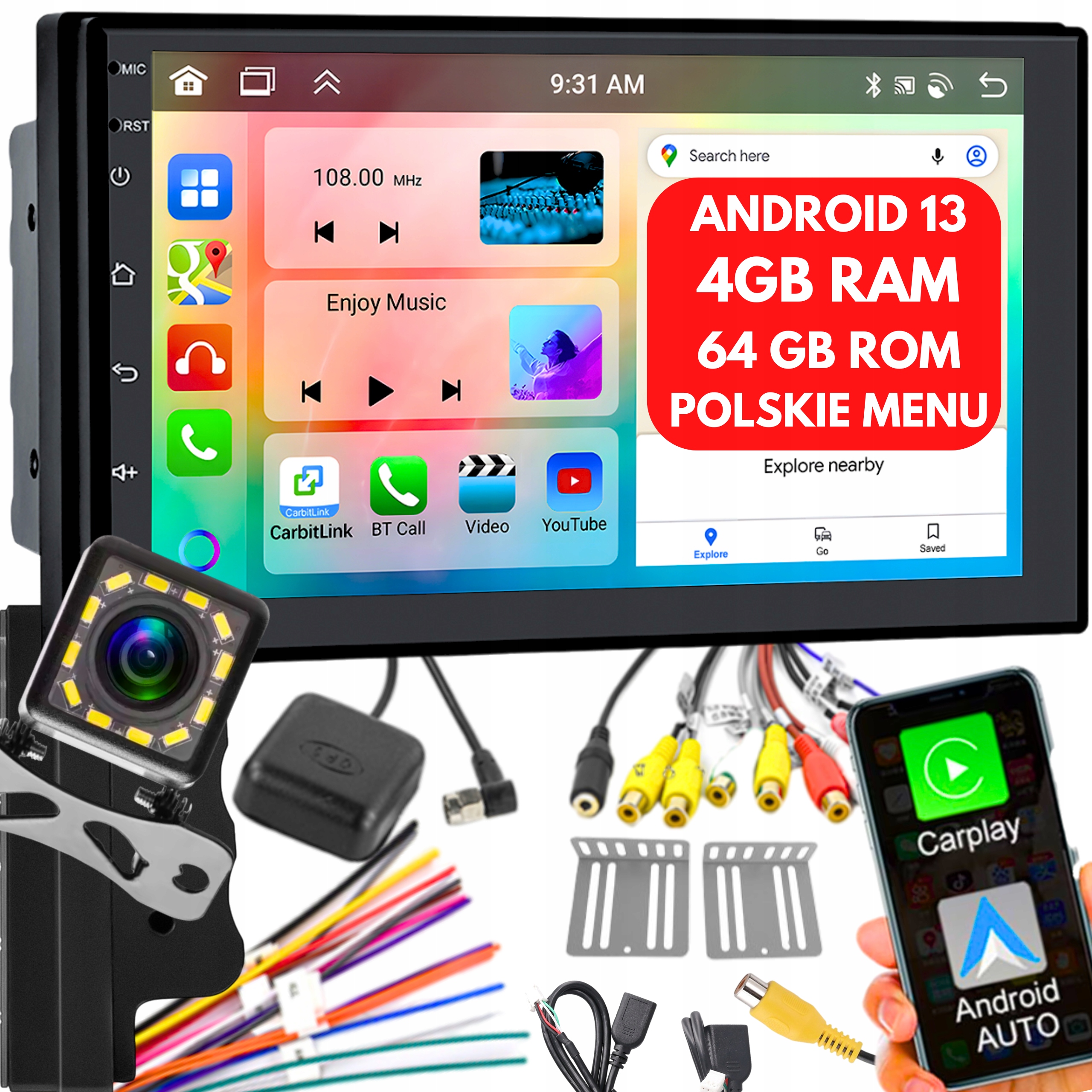 RADIO SAMOCHODOWE 2 DIN 4GB/64GB ANDROID AUTO CARPLAY