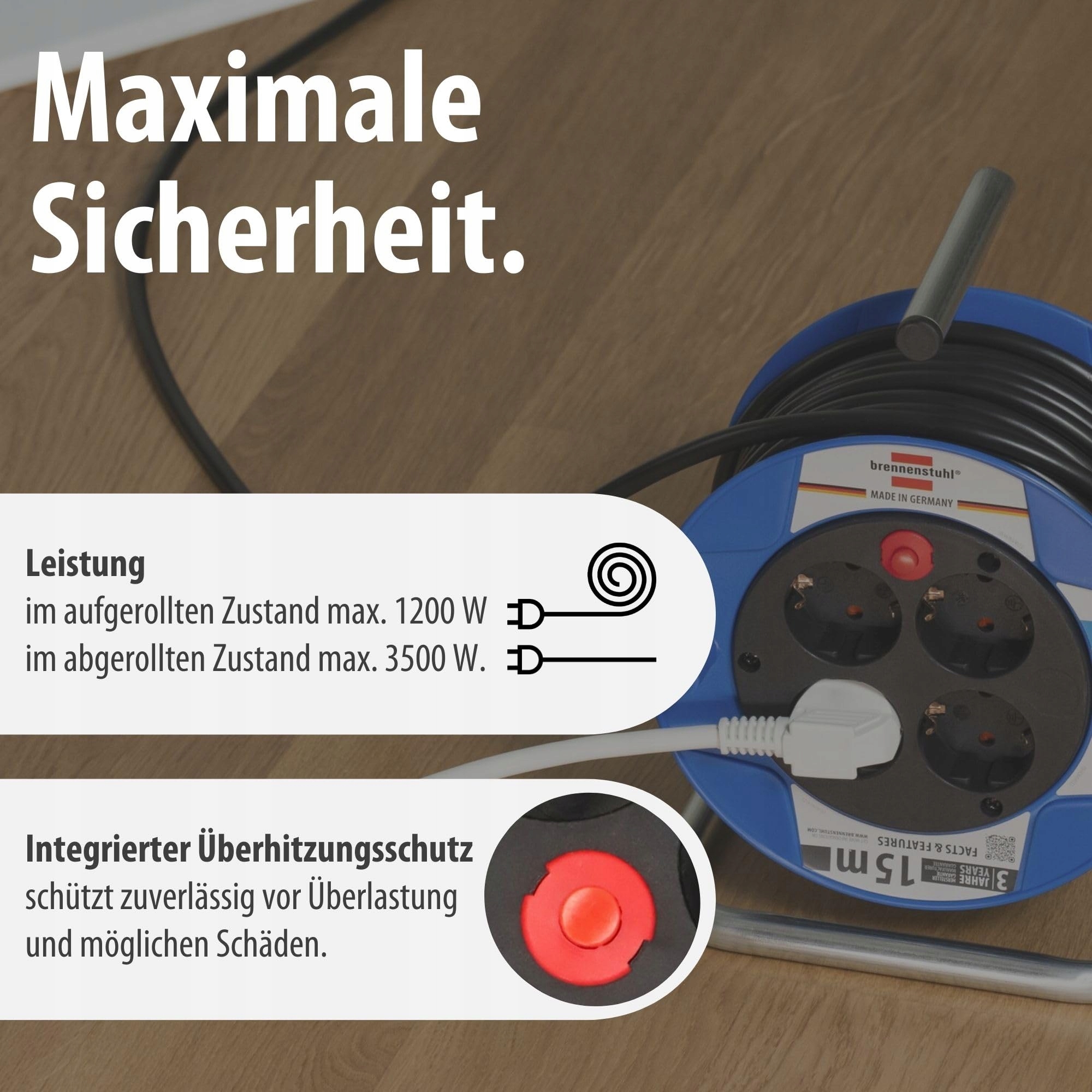 BRENNENSTUHL Kabeltrommel 15m 4 Gniazda Czarna Wytrzymała Niemiecka — miniatura 5