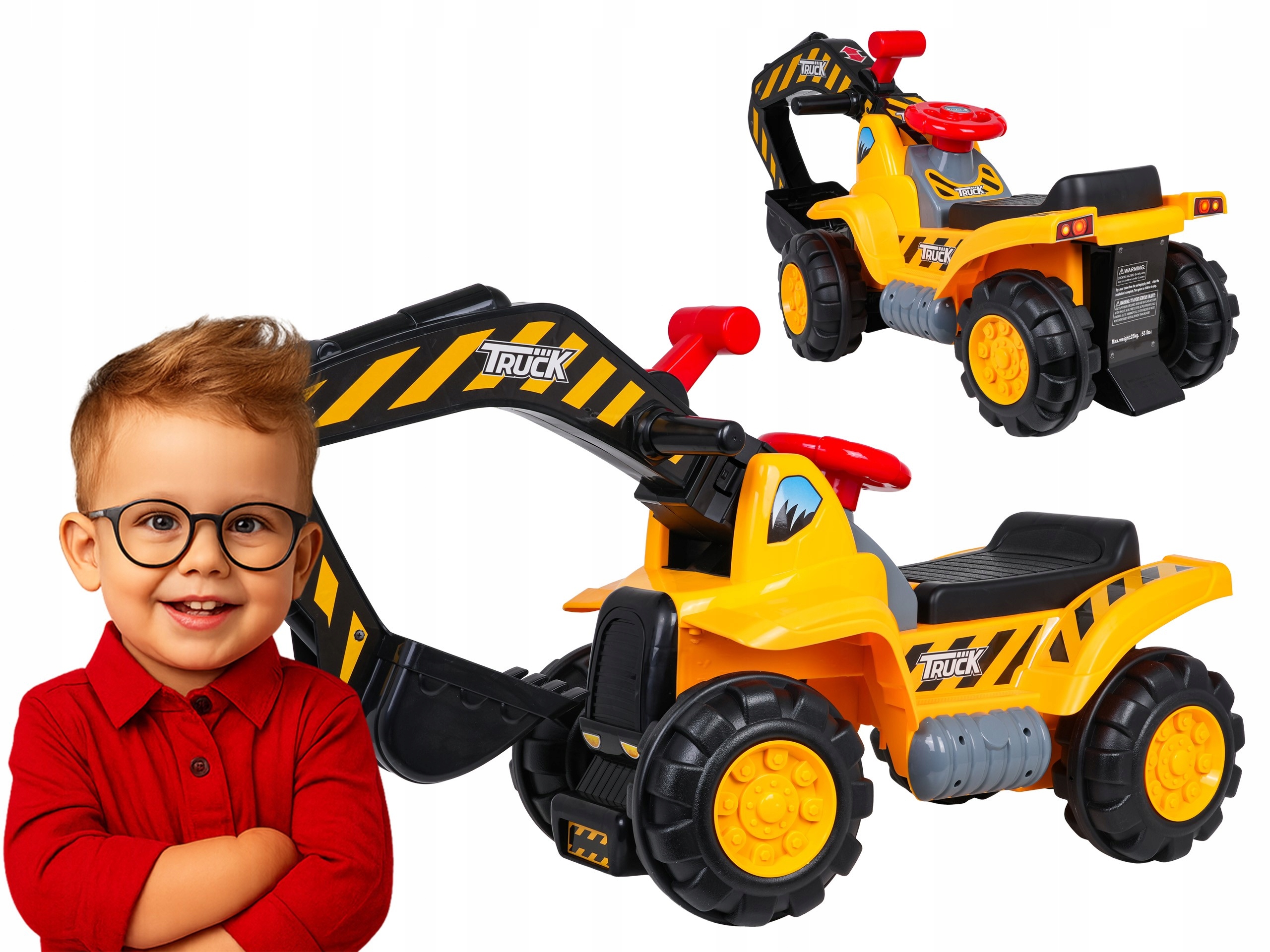 jeździk Koparka Dla Dzieci ruchoma łyżka Kierownica budowlaniec Schowek