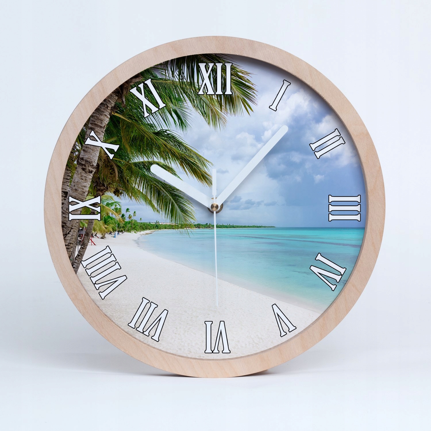 Dřevěný nástěnný hodinový stroj na tropickou pláž, průměr 25 cm