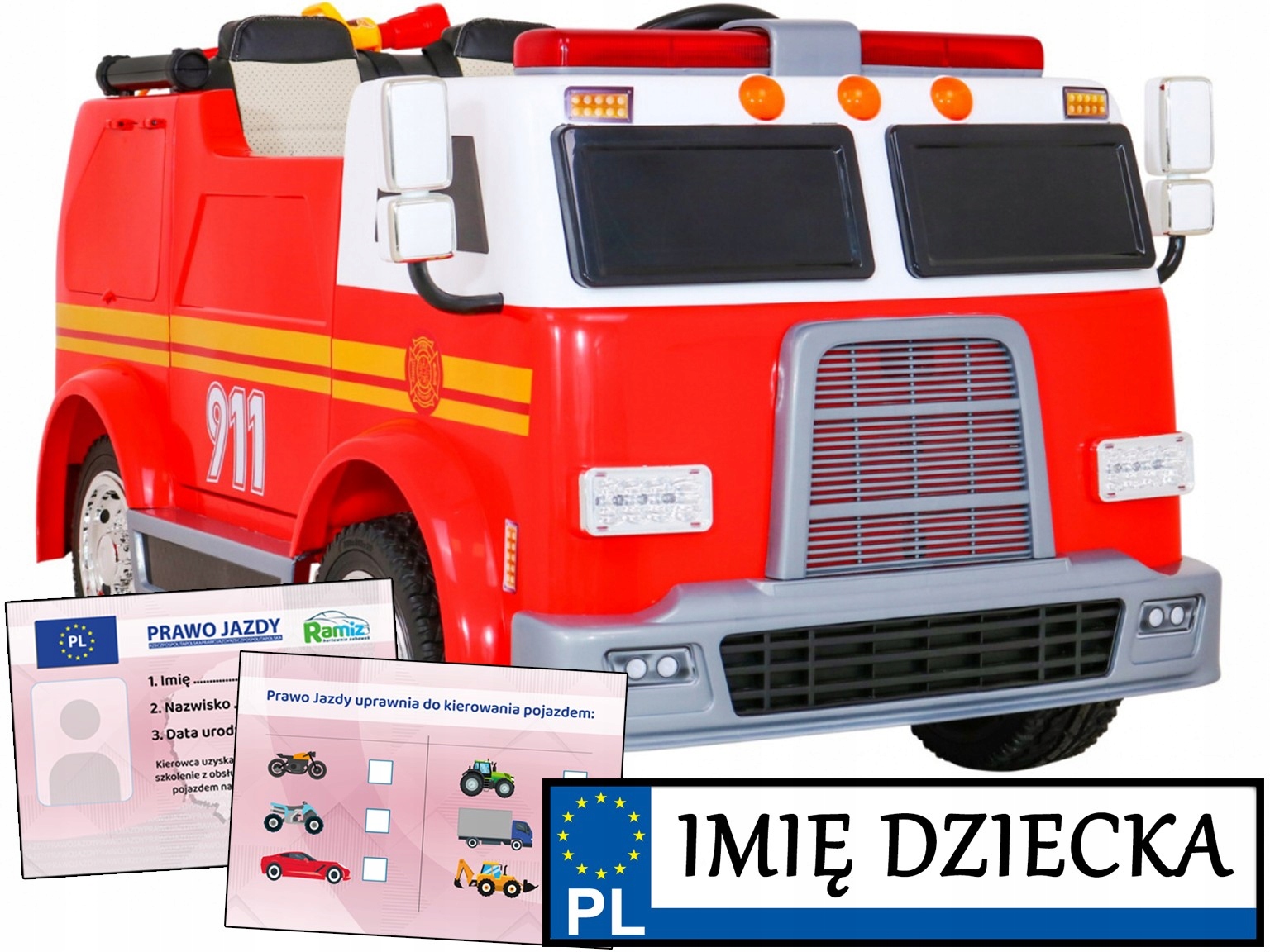 Wóz Straż Pożarna na akumulator dla dzieci Armatka wodna Megafon Kogut