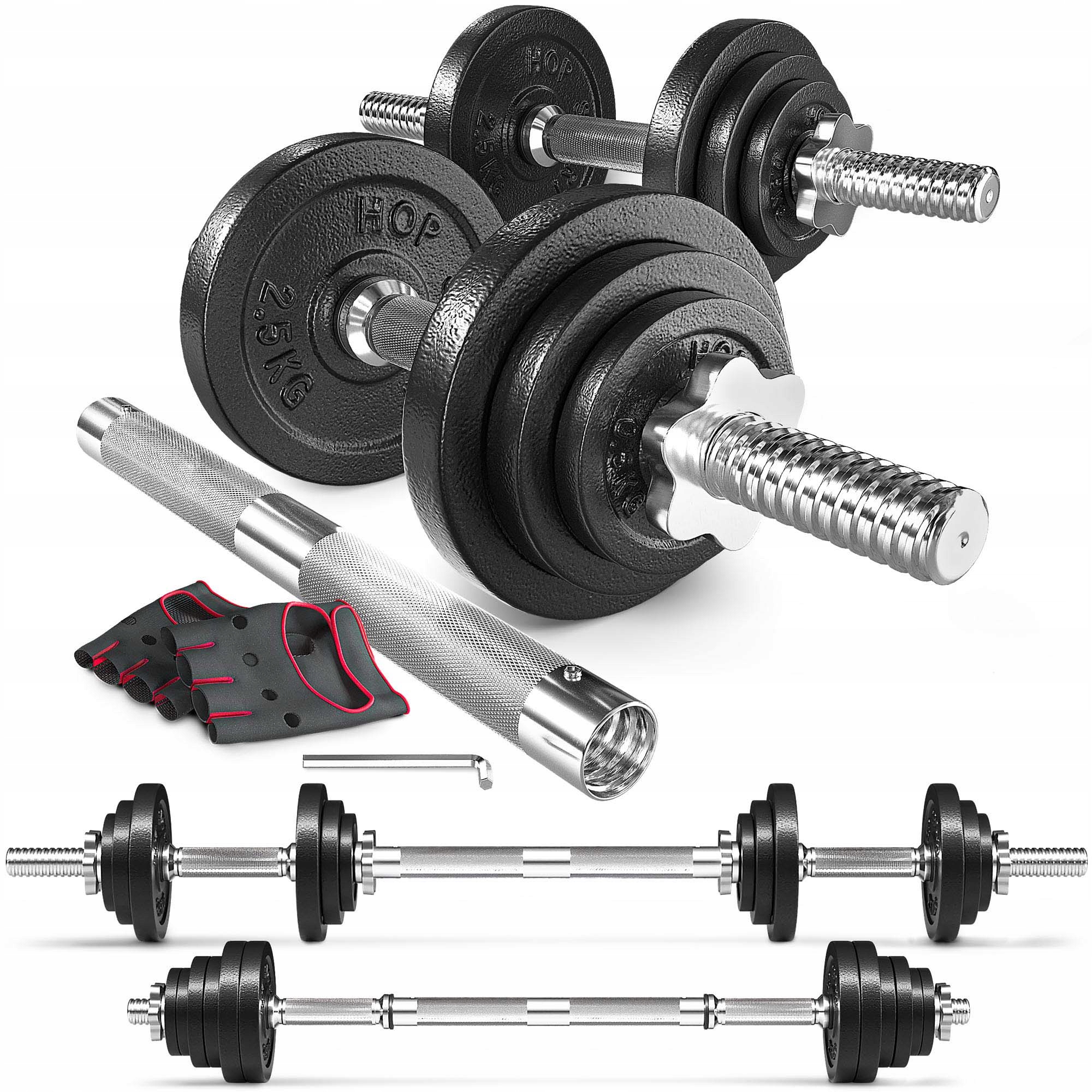 

Hantle żeliwne 2x10kg zestaw z przedłużanym gryfem