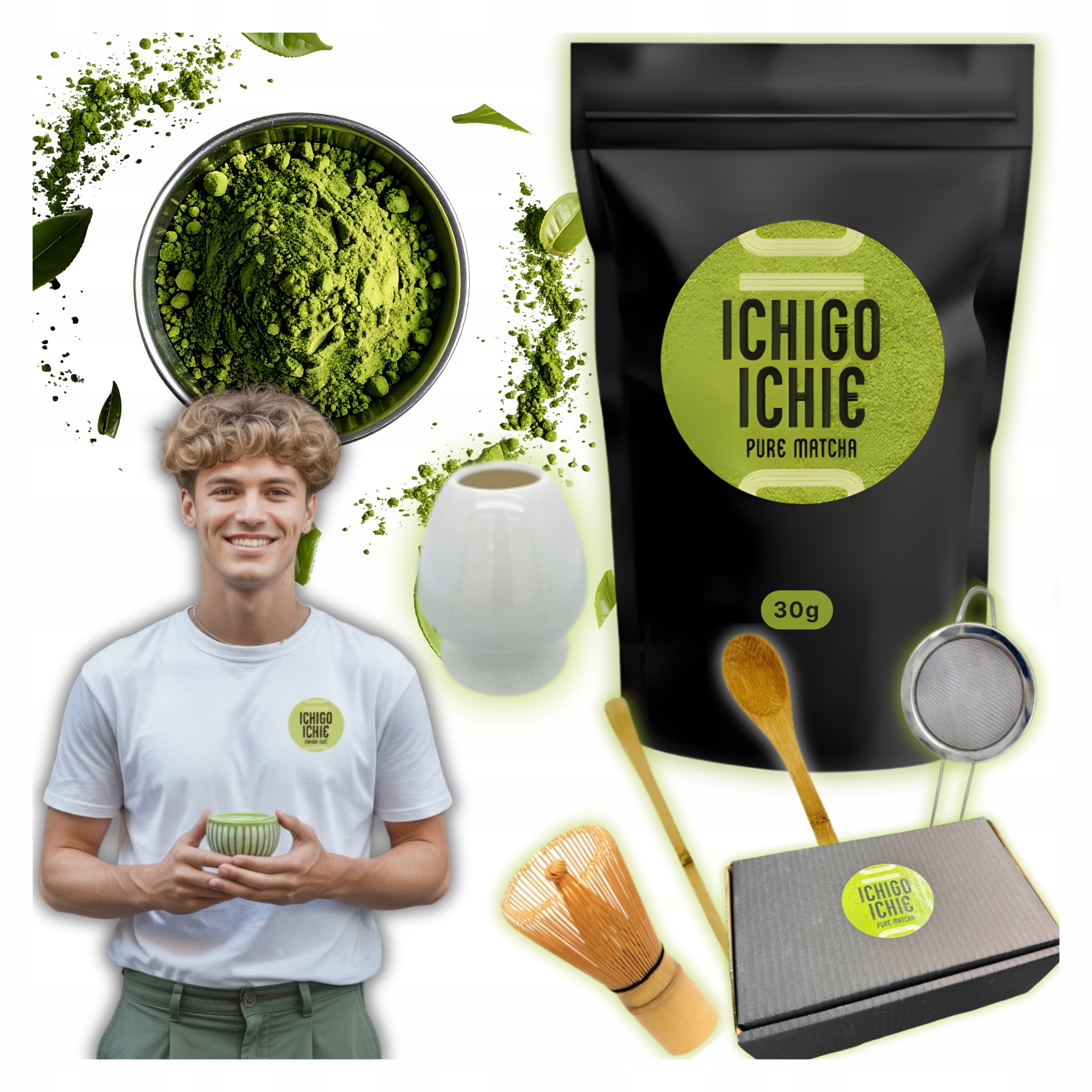 Sada Japonský Čaj Matcha Tradiční Dárek Akcesoria Bambusové 30g