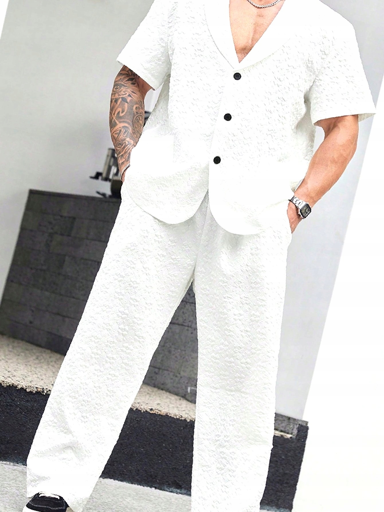 Pánský komplet Bílá letní košile Texturované kalhoty 4XL