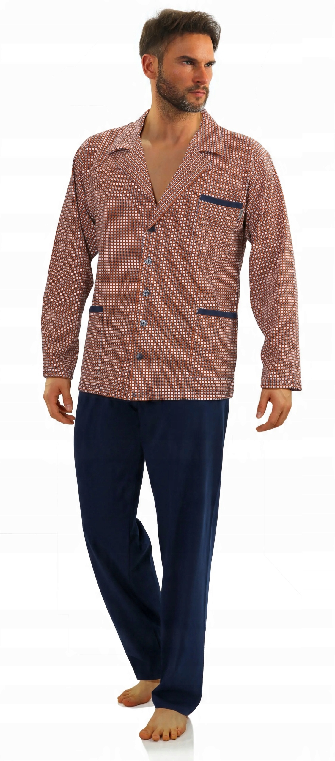 Sesto Senso Pánské rozepínací dlouhé bavlněné pyžamo Námořnická Modrá – červené 2385/11 3XL