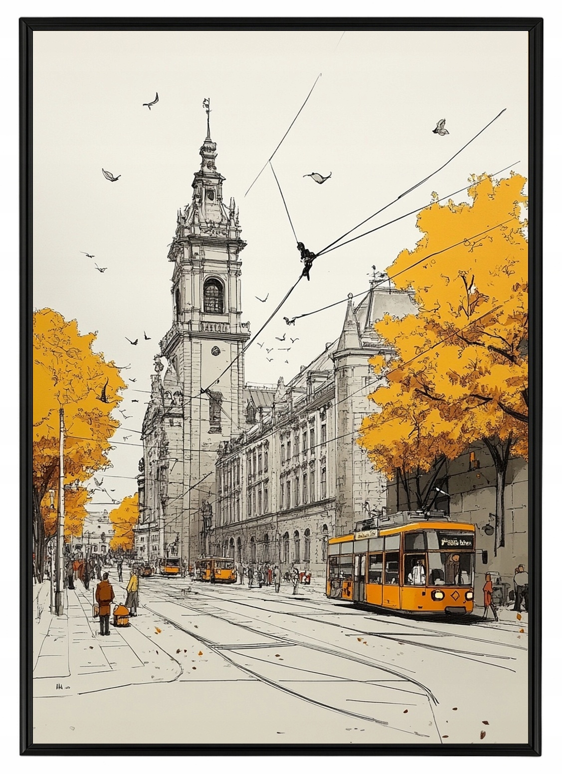 Plakát Rámeček Aluminium Kresba Ukrajina Lvů Radnice Tramvaj Podzim 70x100