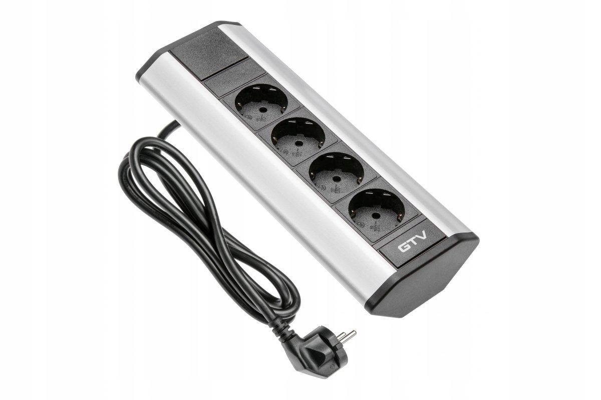 Úhlový prodlužovací kabel, zapuštěná zásuvka 4x230V, stříbrná barva