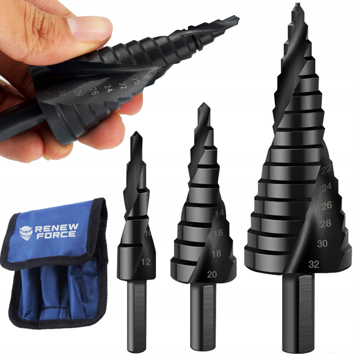 3x SPIRALNE MOCNE STALOWE WIERTŁO STOŻKOWE STOPNIOWE HSS DO METALU 4-32MM Marka LOGIT