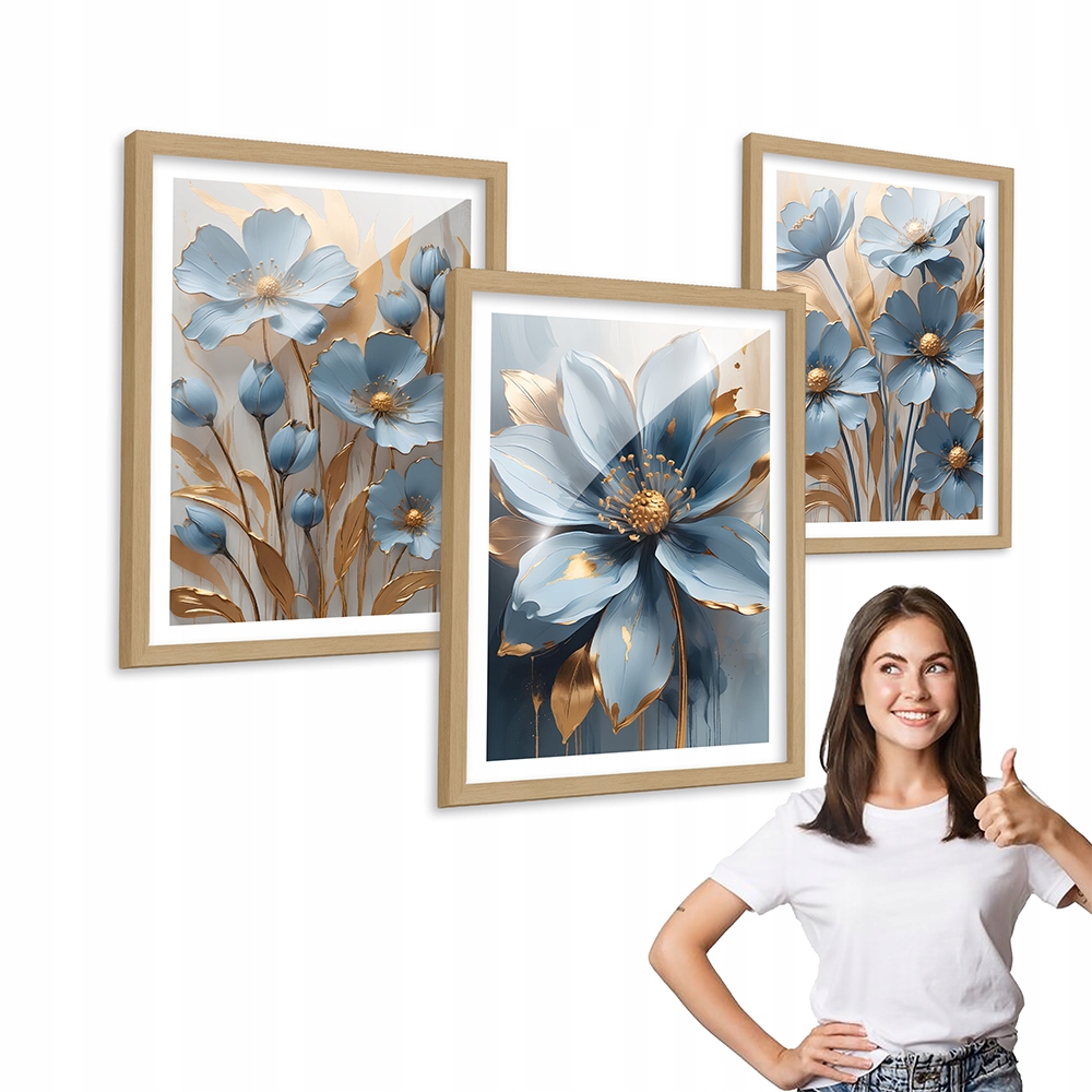 Sada 3 obrazů Modré Květiny dřevěný rámeček 30x40 na plexi triptych