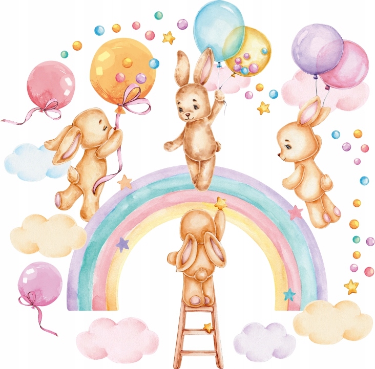 Naklejki Na Ścianę Króliczki Balony Tęcza 100x200cm MC31