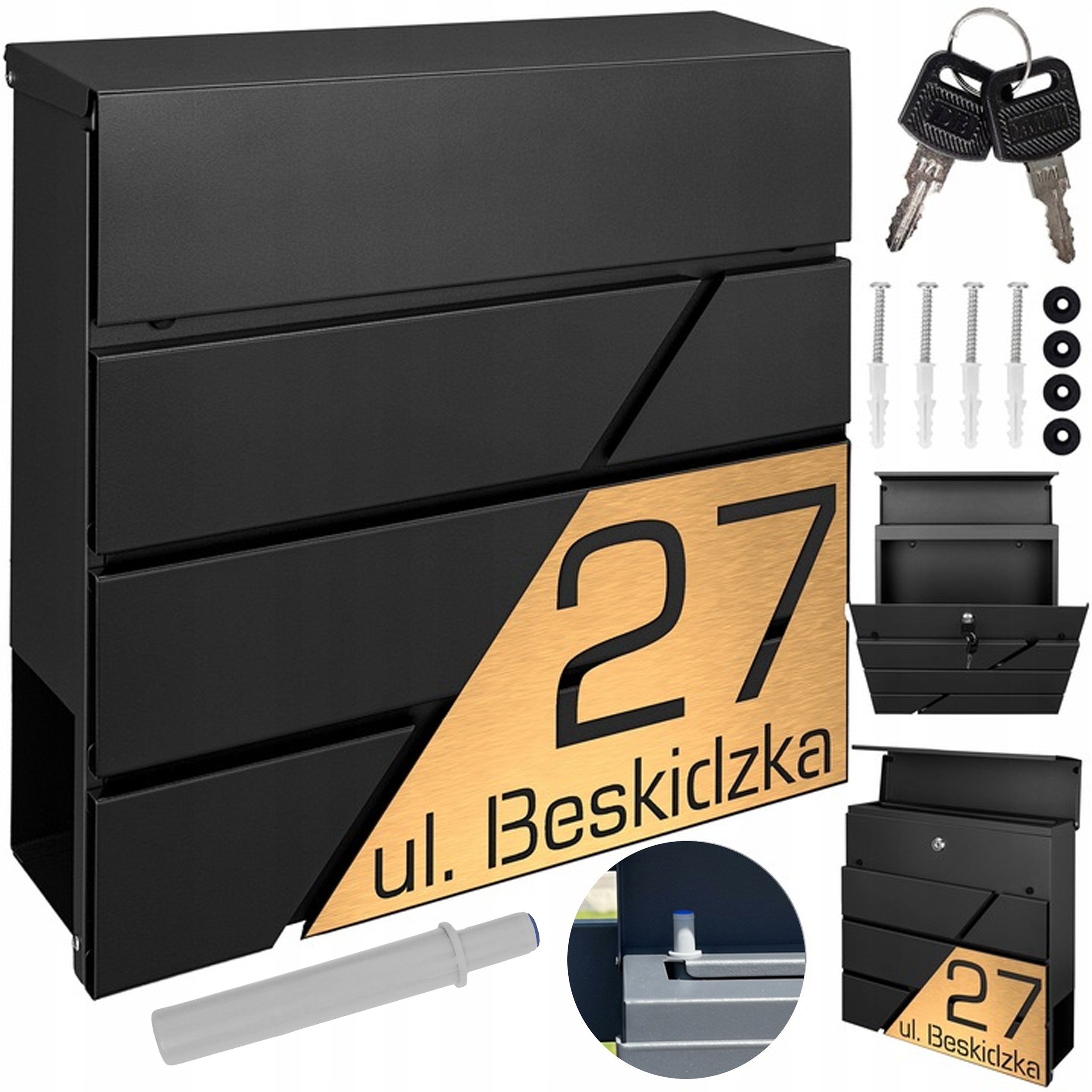 Černá Poštovní Schránka Zlatá Adresa S Gravírováním Tabulka Ulice Nápis