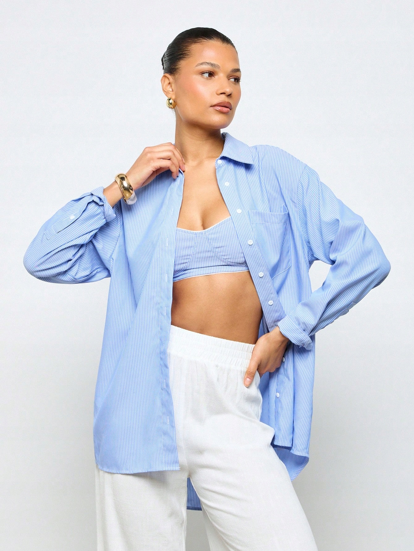 Dámská Pruhovaná Košile Na Každodenní Nošení S Modrým Topem Shein, Velikost 38
