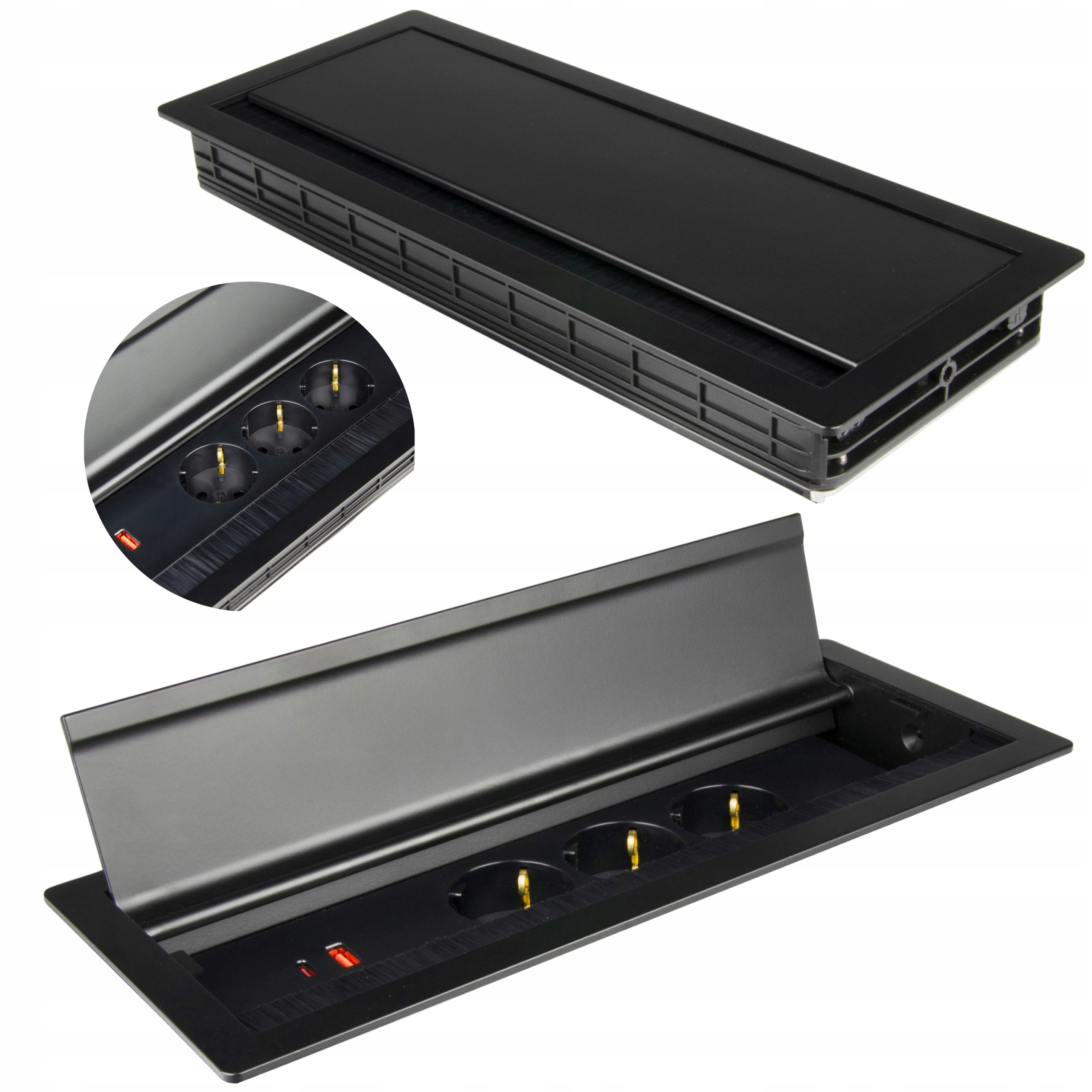 Nábytková Zásuvka Zapuštěná Do Desky Trojitá 230V Černá 2x Usb S Kartáčem